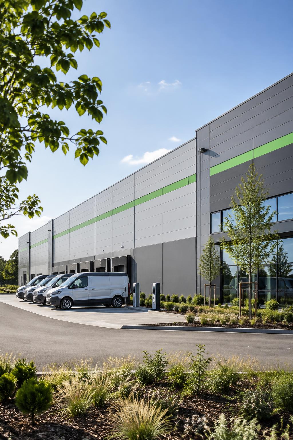 Modern sustainable logistics warehouse with EV charging